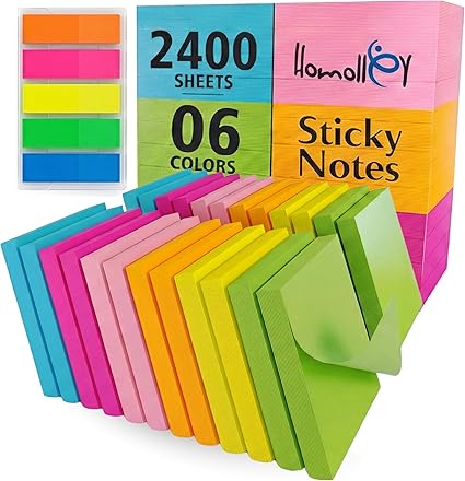 (24 Pads) Sticky Notes 3x3 in 100 Sheets/Pad, Self-Sticky Note Pads, 6 Bright Colors Super Sticky Pads - Easy to Post for School, Office Supplies, Desk Accessories (24)