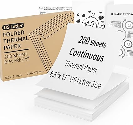 Continuous Thermal Printer Paper 8.5" x 11" US Letter Size - High-Efficiency Durable Printing for Home Work, Printing Contract, Compatible with Most Thermal Printers (200 Sheets/Continuous Folding)