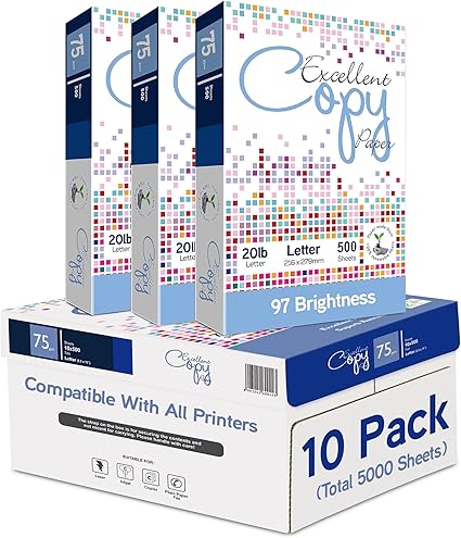 Excellent Copy Paper, 20 lb, Letter Size 8.5” x 11”, 97 Brightness, 5000 Sheets (10 Pack) – 75 GSM Printer Paper for Laser, Inkjet, Copier & Fax – Jam-Free, Smooth Surface, PEFC Certified.