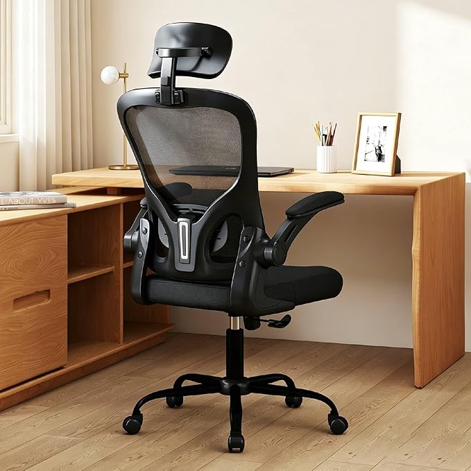 Flysky Ergonomic Office Chair with Adjustable Headrest & Lumbar Support, Computer Desk Chair with Flip-Up Armrests, Comfortable for Home, Office, Conference Room