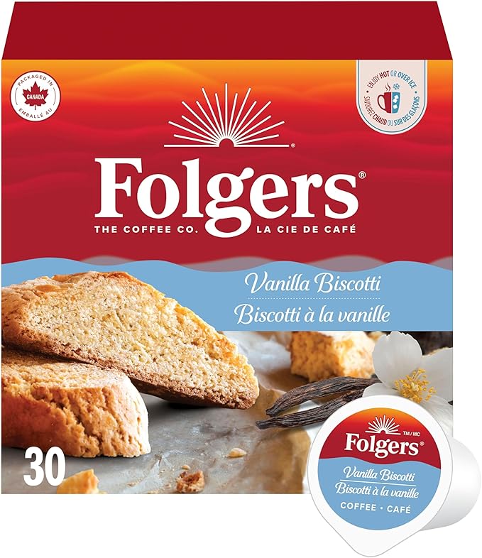 Folgers Vanilla Biscotti Flavoured Light Roast Coffee Pods, Single Serve One Cup Pods made with Arabica Beans for Hot or Iced Drinks, 30 Count (Pack of 1)