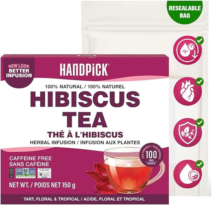 HANDPICK, Hibiscus Tea Bags - 100 Count | Caffeine-Free, Pure Ingredients - Hibiscus Flowers | Brew Hot, Iced Tea or Kombucha Tea | Round Nutritious Herbal Tea Bags