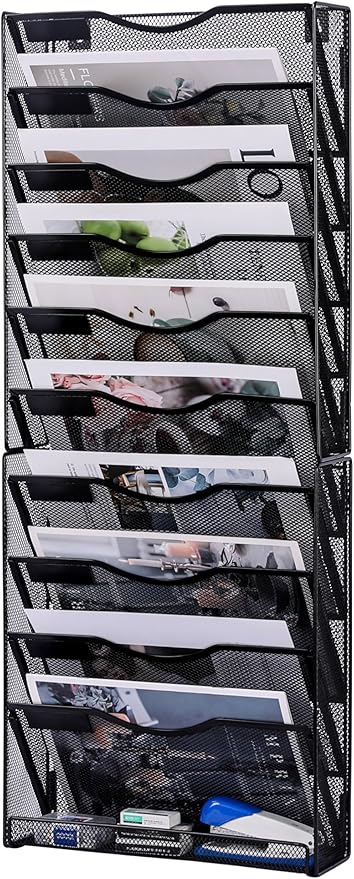 Hanging Wall File Holder Organizer 10 Tier, Mesh Wall Mounted Magazine Document Paper Rack, Desk Organizer for Office Home Classroom Organization, Black