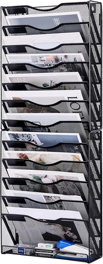 Hanging Wall File Holder Organizer 12 Tier, Mesh Wall Mounted Magazine Document Paper Rack, Desk Organizer for Office Home Classroom Organization, Black