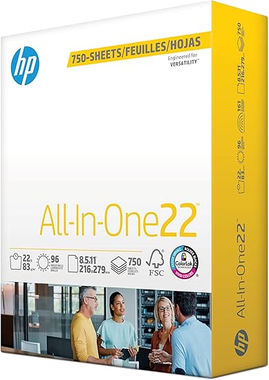 HP Printer Paper 8.5x11 AllInOne 22 lb 1 Bulk Pack 750 Sheets 96 Bright Made in USA FSC Certified Copy Paper HP Compatible 208850R