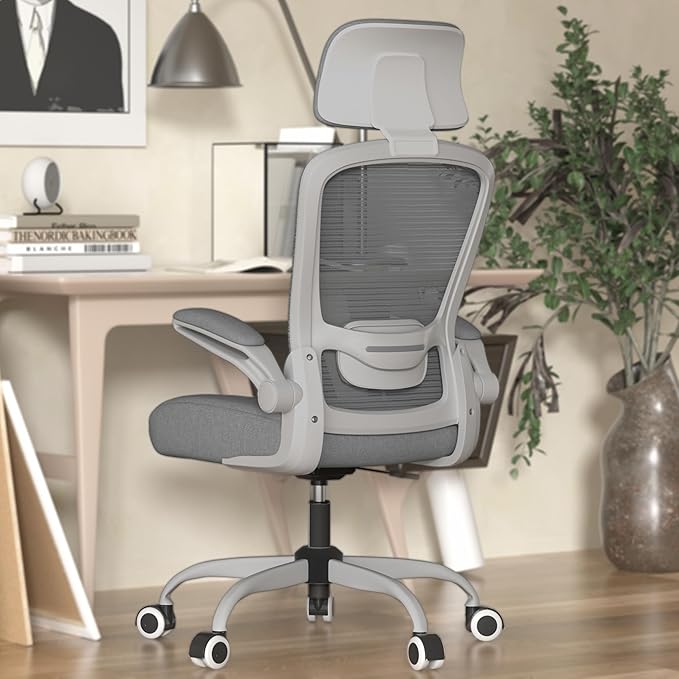 Mimoglad Office Chair, Comfy Desk Chair - High Back Ergonomic Computer Chair with Adjustable Lumbar Support & Headrest, Flip-up Armrests for Guitar Playing, Swivel Task Chair (Achromatic)
