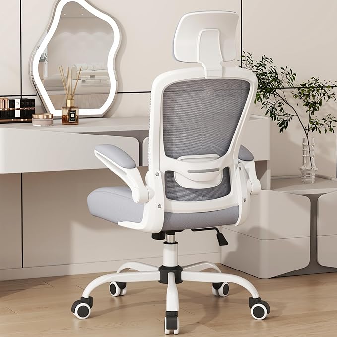 Mimoglad Office Chair, Comfy Desk Chair - High Back Ergonomic Computer Chair with Adjustable Lumbar Support & Headrest, Flip-up Armrests for Guitar Playing, Swivel Task Chair (Moon Grey)