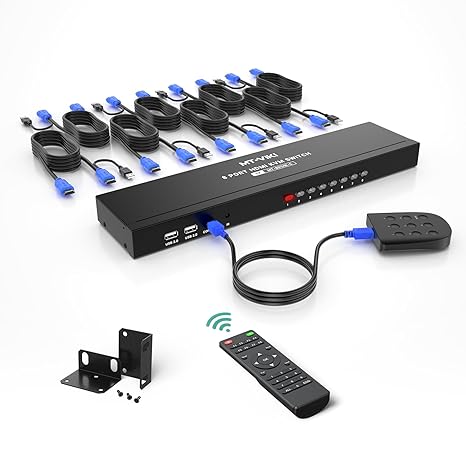 MT-VIKI 8 Port KVM Switch HDMI, 4K@30Hz 1U Rack Mount KVM HDMI Switch w/IR Remote & Wire-Desktop Controller & 8 HDMI KVM Cables & Rack Ears