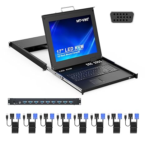 MT-Viki 8 Port Rack KVM Switch VGA w/17'' LCD Monitor, LCD KVM Console Fit 1U 19'' Rack, Integrated with Keyboard+Touch pad+Drawer, Support OSD/Hotkey, & 8 KVM Cables