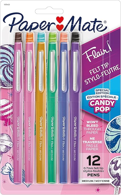 Paper Mate Flair Felt Tip Pens, Medium Point (0.7 mm), Special Edition Candy Pop Pack, Assorted Colours, 12 Count
