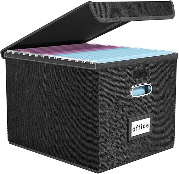 Portable File Organizer Box, File Storage Box with Lid, Collapsible Linen Hanging Filing Storage Boxes with Plastic Slide, Durable Hanging File Box for Office/Decor/Home (Black,1pc)