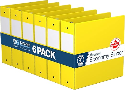 Premium Economy 3-Inch Binder, 3-Ring Binder for School, Office, or Home, Colored Binder Notebook, Pack of 6, Round Ring, Yellow