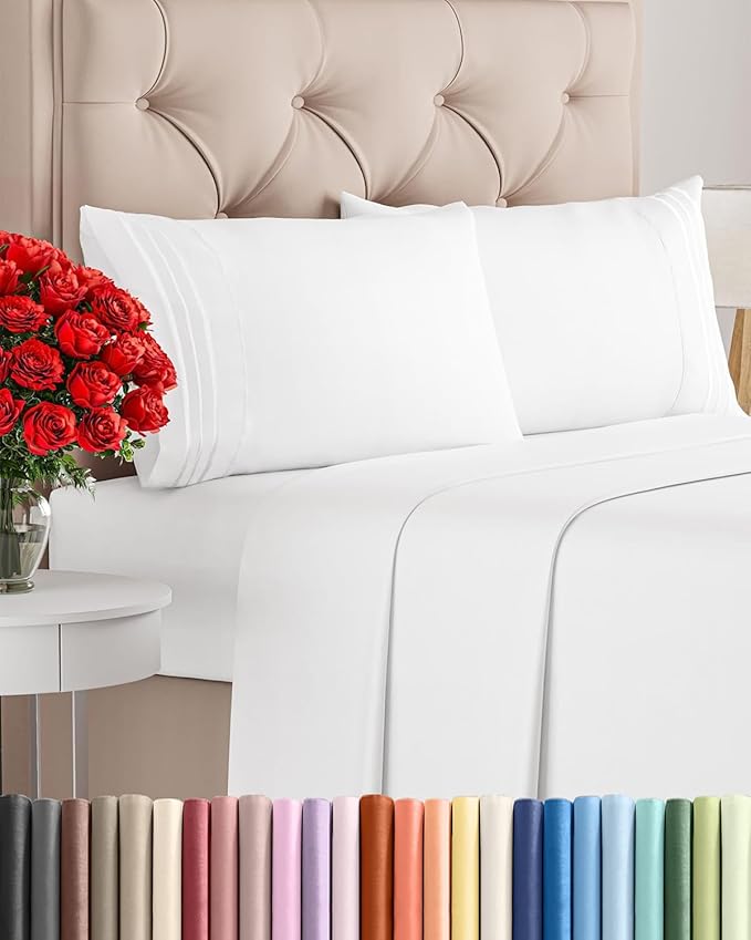 Queen Size 4 Piece Sheet Set - Comfy Breathable & Cooling Sheets - Hotel Luxury Bed Sheets for Women & Men - Deep Pockets, Easy-Fit, Extra Soft & Wrinkle Free Sheets - White Oeko-Tex Bed Sheet Set
