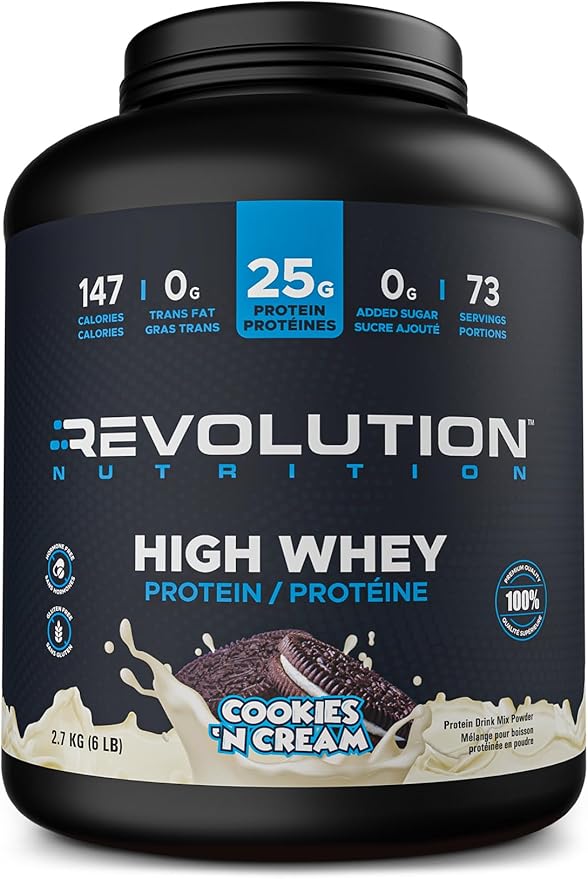 Revolution Nutrition, High Whey, Protein Powder 6LB, Whey Protein, Gluten Free, 25g of Protein Per Scoop, 2.7kg, 73 Servings (Cookies and Cream, 6 Pound)