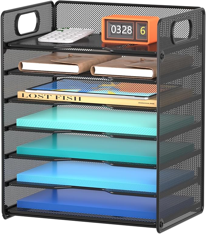 Samstar 7 Tier Paper Letter Tray, Mesh Desk File Organizer File Sorter Rack Shelves with Handles, Black