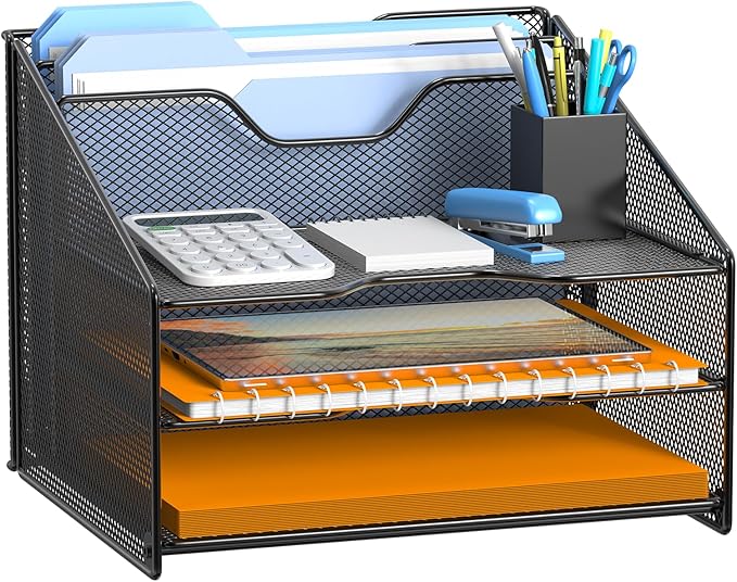 Samstar Mesh Desk File Organizer Letter Tray Holder, Desktop File Folder Holder with 3 Paper Trays and 2 Vertical Upright Section, Black.