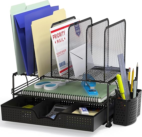 SimpleHouseware Desk File Organizer for Office Stationery with Sliding Drawer, Double Tray, Pencil Holder, and 5 Upright Sections, Black
