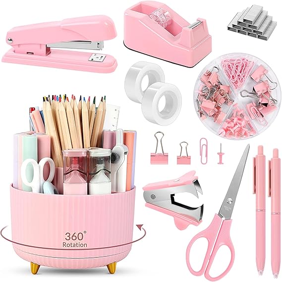 SKYDUE Pink Desk Accessories 10Pcs, 360-Degree Rotating Pen Holder, Stapler, Staple Remover, Tape Dispenser,2pcs Tape Refills, Binder Paper Clips Kit, Scissor,Pink Office Supplies