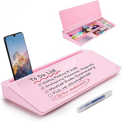TSJ OFFICE Small Desktop Whiteboard -Glass Dry Erase Board Computer Keyboard Stand White Board Surface Pad with Drawer, Desk Organizers with Accessories for Office, Home, School - All Pink